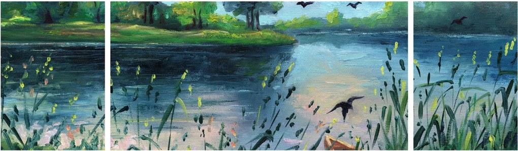 Obraz - Obraz olejny, Wczesny letni wieczór nad jeziorem (170x50 cm)