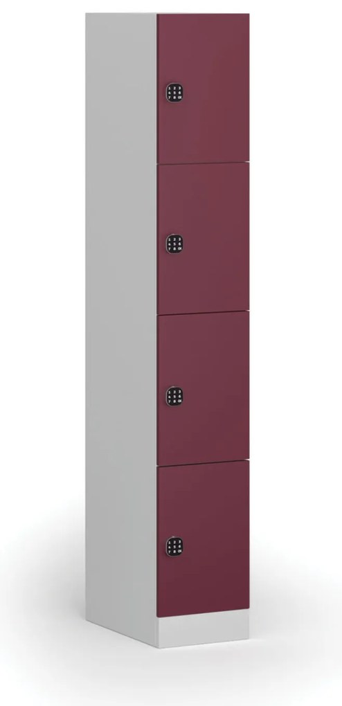 Szafka skrytkowa, 4 schowki, 1850 x 300 x 500 mm, demontaż, zamek kodowy, drzwi czerwone