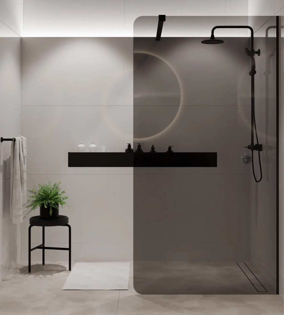 Ścianka prysznicowa WALK IN FIX grafitowa 8 mm MOLIS Grafit Round MASSI I Różne rozmiary : Kolor profili kabiny - złoty, Szerokość ścianki - 120 cm, Typ montażu - WALK in FIX (Do ściany)