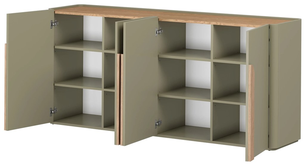 Komoda czterodrzwiowa Amilio 200 cm - eukaliptus / dąb baltic dune / uchwyty dąb naturalny