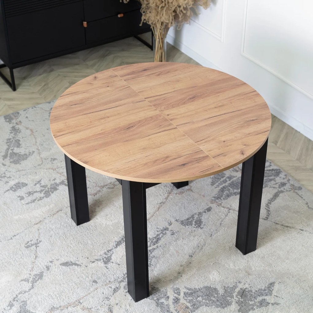 Zestaw Stół Okrągły Rozkładany HARRY 102-142 cm Dąb Craft/Czarny i 6 Krzeseł Tapicerowanych ROBIN 2 Czarnych Nowoczesnych