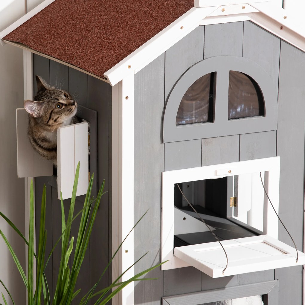 Pawhut® domek budka dla kota 2-piętrowa willa dach asfaltowy lite drewno szary 59 x 55 x 109 cm