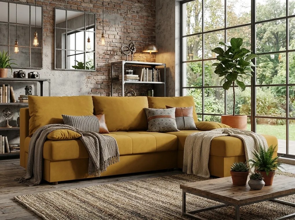 PROMOCJA Rozkładany dwustronny narożnik VENORIA SLIM 200x143 cm, musztardowy + 2 poduszki GRATIS II gatunek