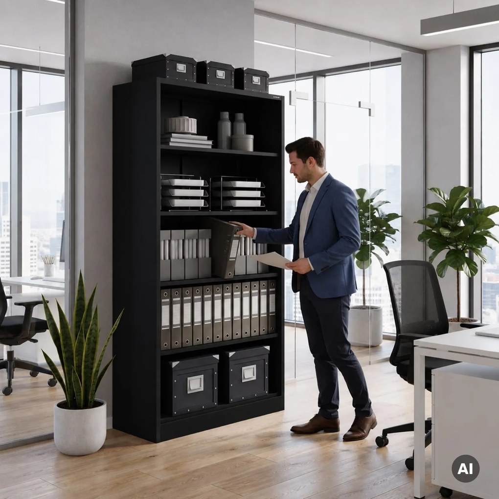 Regał biurowy metalowy Rufus, 90x40x185 cm, kolor czarny