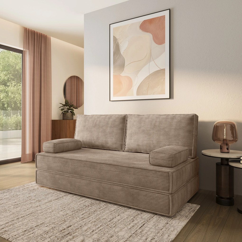 Masseno Sofa piankowa SILAR z funkcją spania, Kanapa z pianki do salonu, Bezmontażowa, Tkanina sztruksowa – Beżowy POSO 02