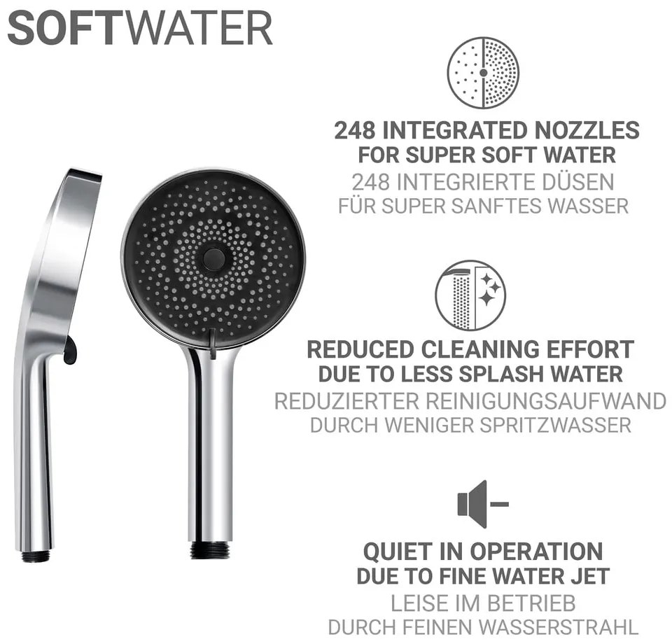 Zestaw prysznicowy ze stali nierdzewnej w kolorze srebra ze słuchawką prysznicową/z drążkiem z suwakiem 70 cm Softwater – Wenko