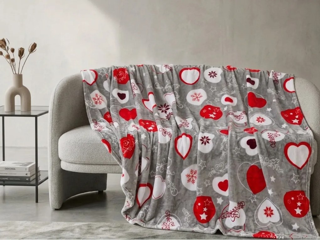 Świąteczny koc z mikropluszuy CHRISTMAS HEART szary Rozmiar: 200 x 220 cm