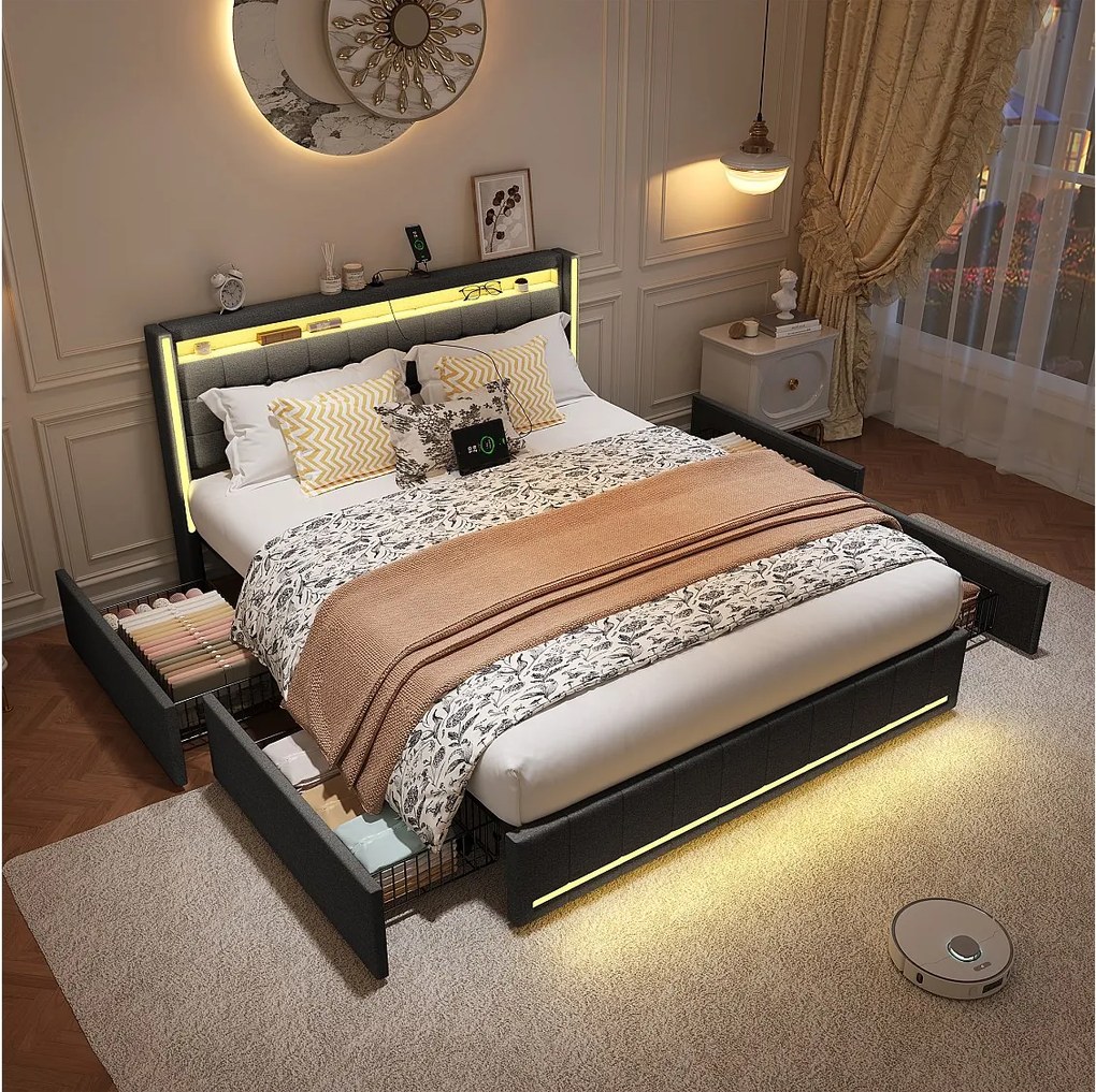 Łóżko podwójne 140x190 cm szare z 4 szufladami, oświetlenie LED RGB, zagłówek USB, nowoczesny design lniany