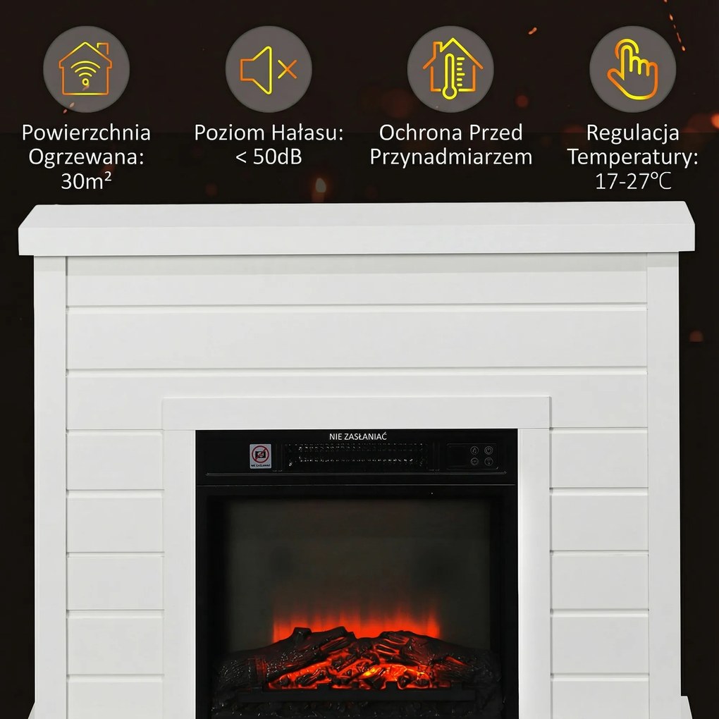 HOMCOM kominek elektryczny, efekt płomieni 3D, 3 ustawienia, timer, pilot, biały