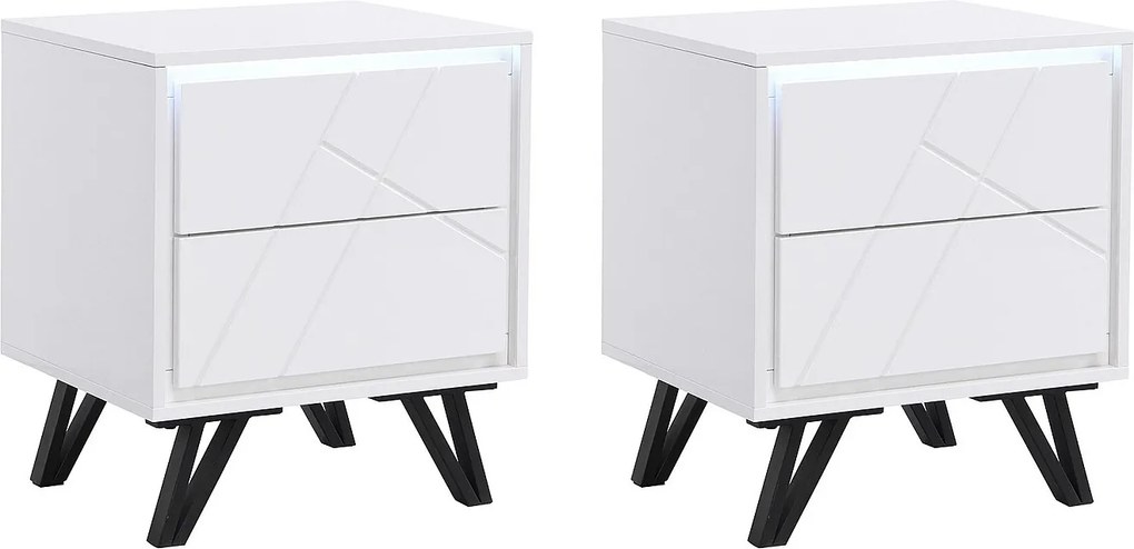 Zestaw 2 szafek nocnych z 2 szufladami - z oświetleniem LED - Płyta MDF - Biały lekiarowany - SALIANO