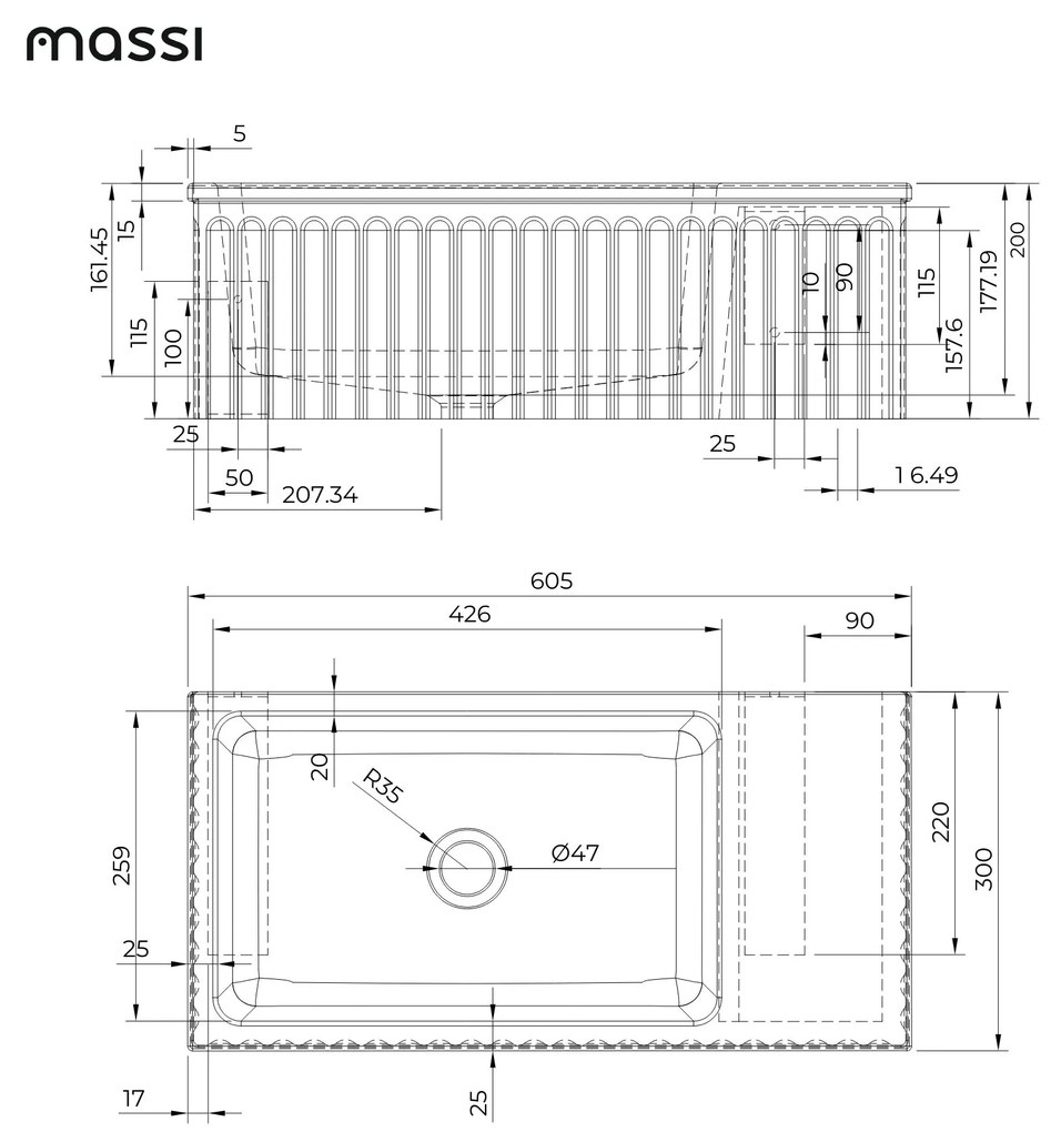 Umywalka betonowa ryflowana nablatowa / wisząca prostokątna 60 x 30 cm WELLE | różne kolory : Kolor - Brązowy, Typ montażu - podwieszana