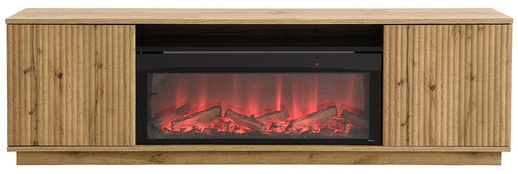 Szafka RTV 2-drzwiowa z kominkiem ledowym z MDF - Naturalny i Czarny - YEVINA