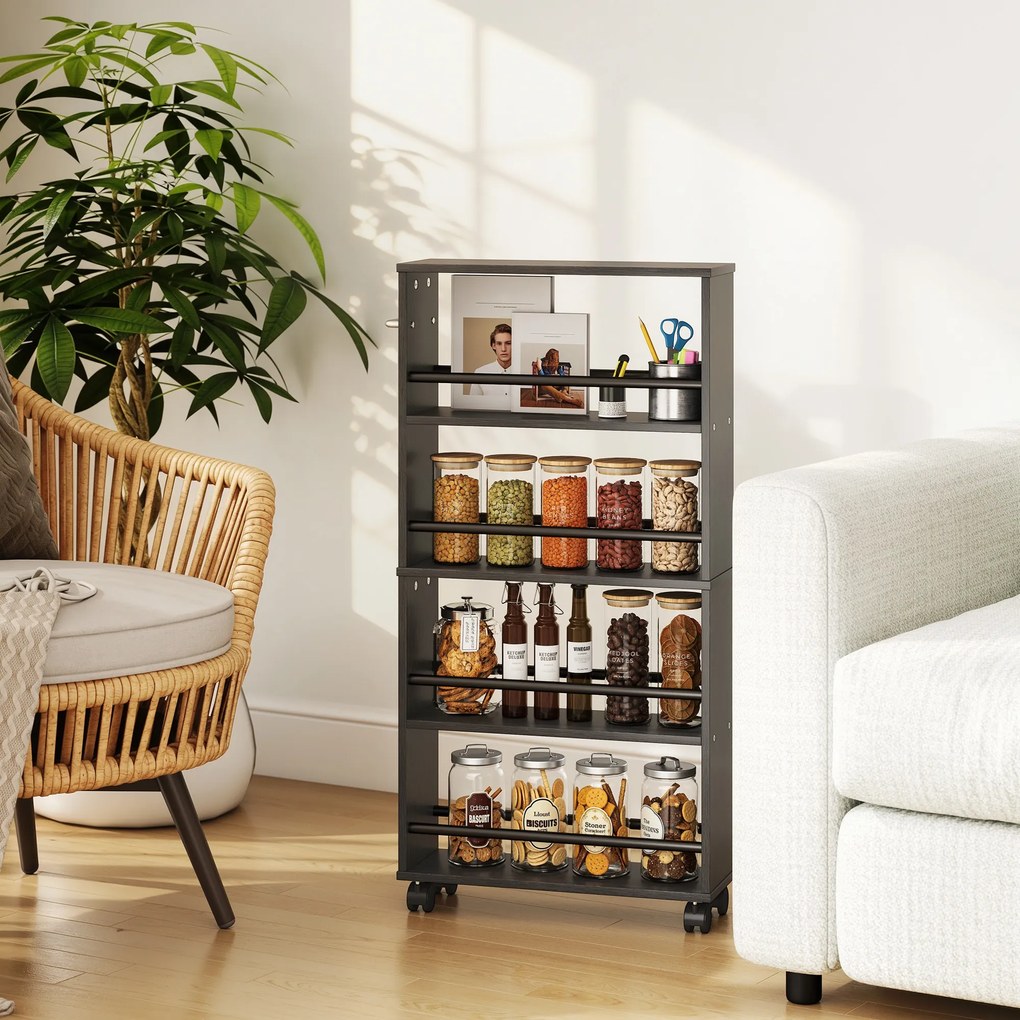 HOMCOM Półka wielofunkcyjna na kółkach, smukły design, 4 przegrody, 45x15x91 cm, czarny | Aosom PL