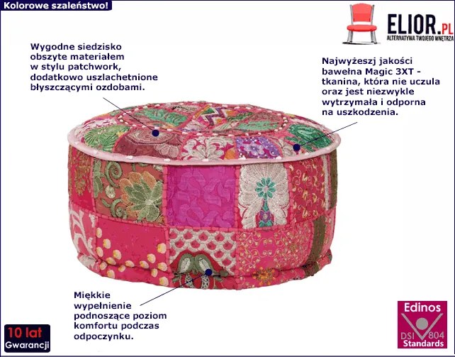 Okrągła różowa pufa patchwork - Reo 3X