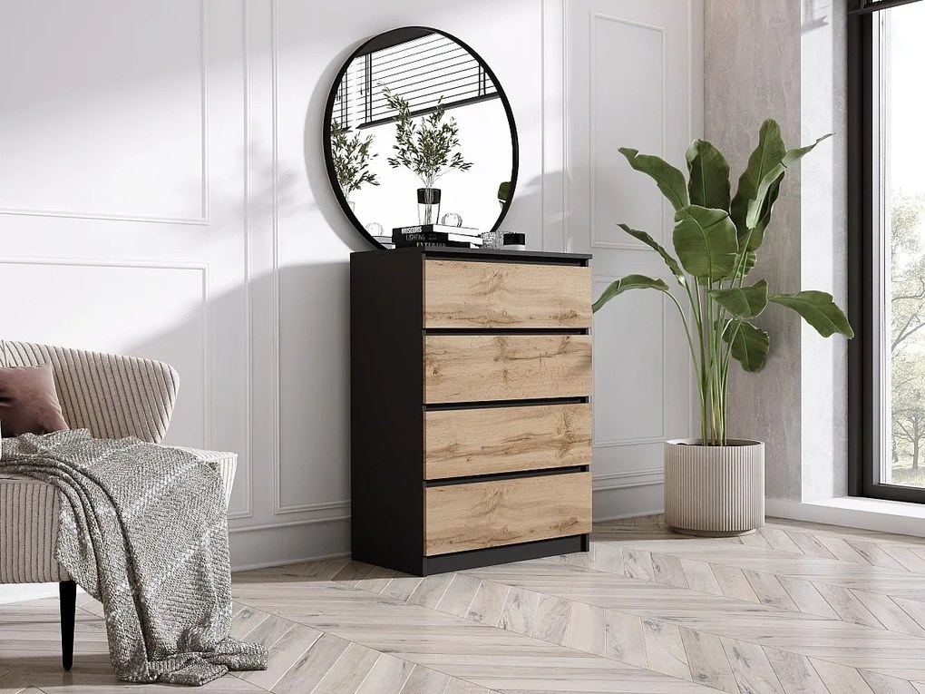 Komoda z 4 szufladami, Czarny Mat / Dąb Wotan, 70 x 39 x 101 cm