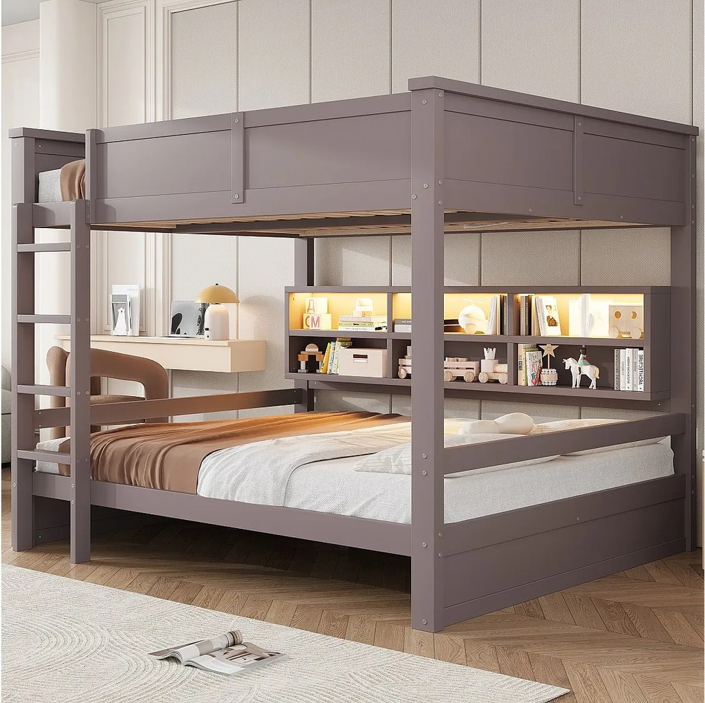 Łóżko piętrowe dla dzieci - 2 x 160 x 200 cm - z półkami + diody LED - MDF - brązowe