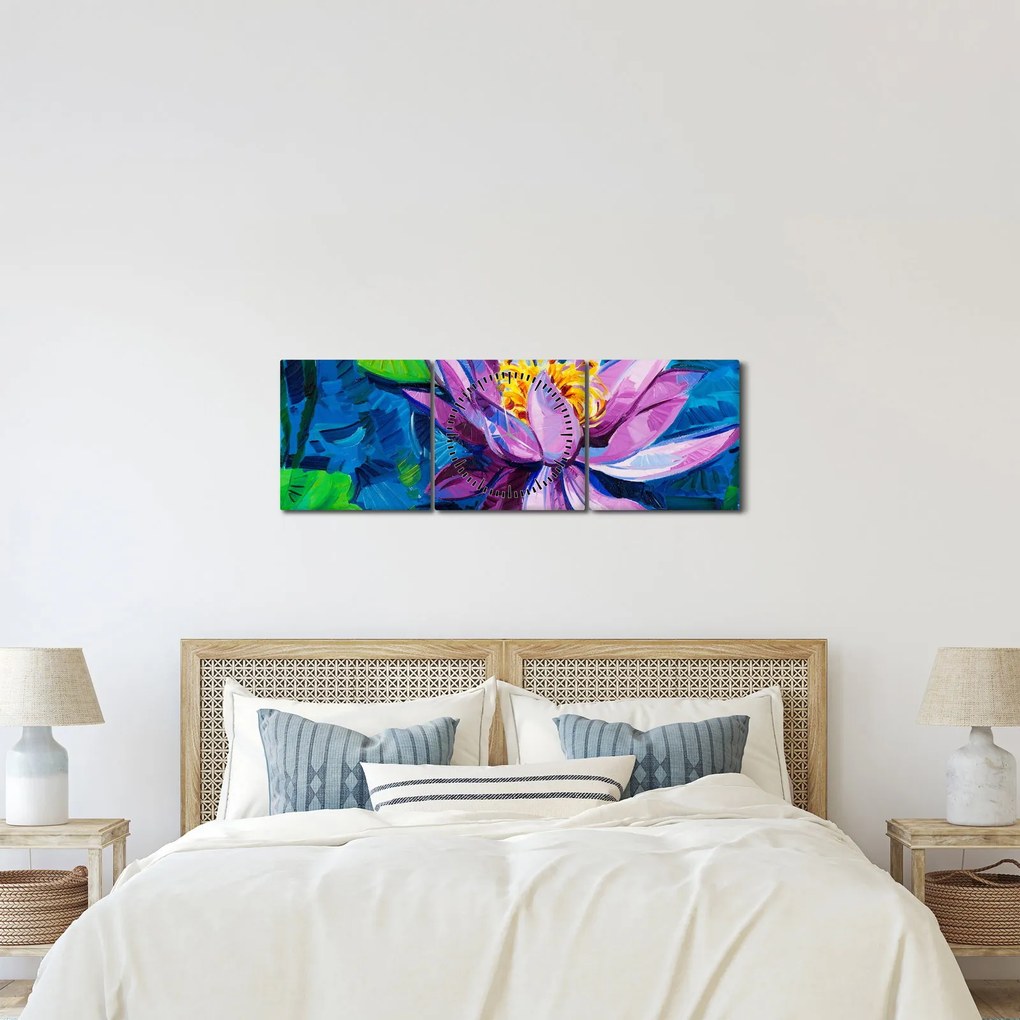 Obraz lilii wodnej na wodzie (z zegarem) (90x30 cm)