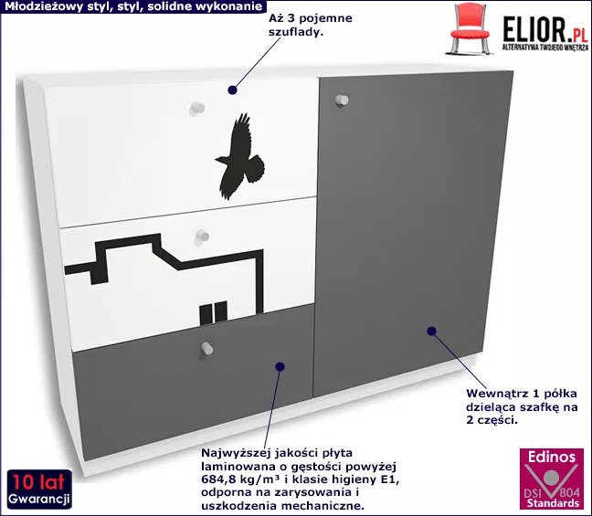 Biało-grafitowa komoda dziecięca z szufladami Erwa 5X - 5 kolorów