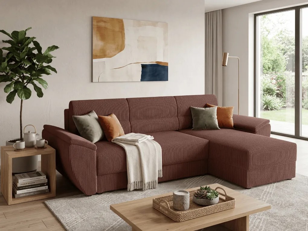 Rozkładana narożna sofa TAVERO 251x140 cm, ciemnoróżowa, uniwersalna