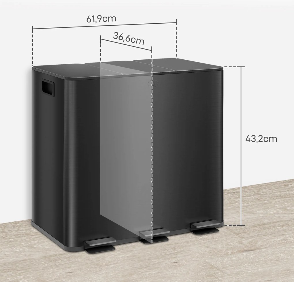 HOMCOM Kosz na śmieci z 3 komorami 15L, pokrywy z odświeżaczem, odporny na odciski palców, ciche zamykanie, wyjmowane, Czarny