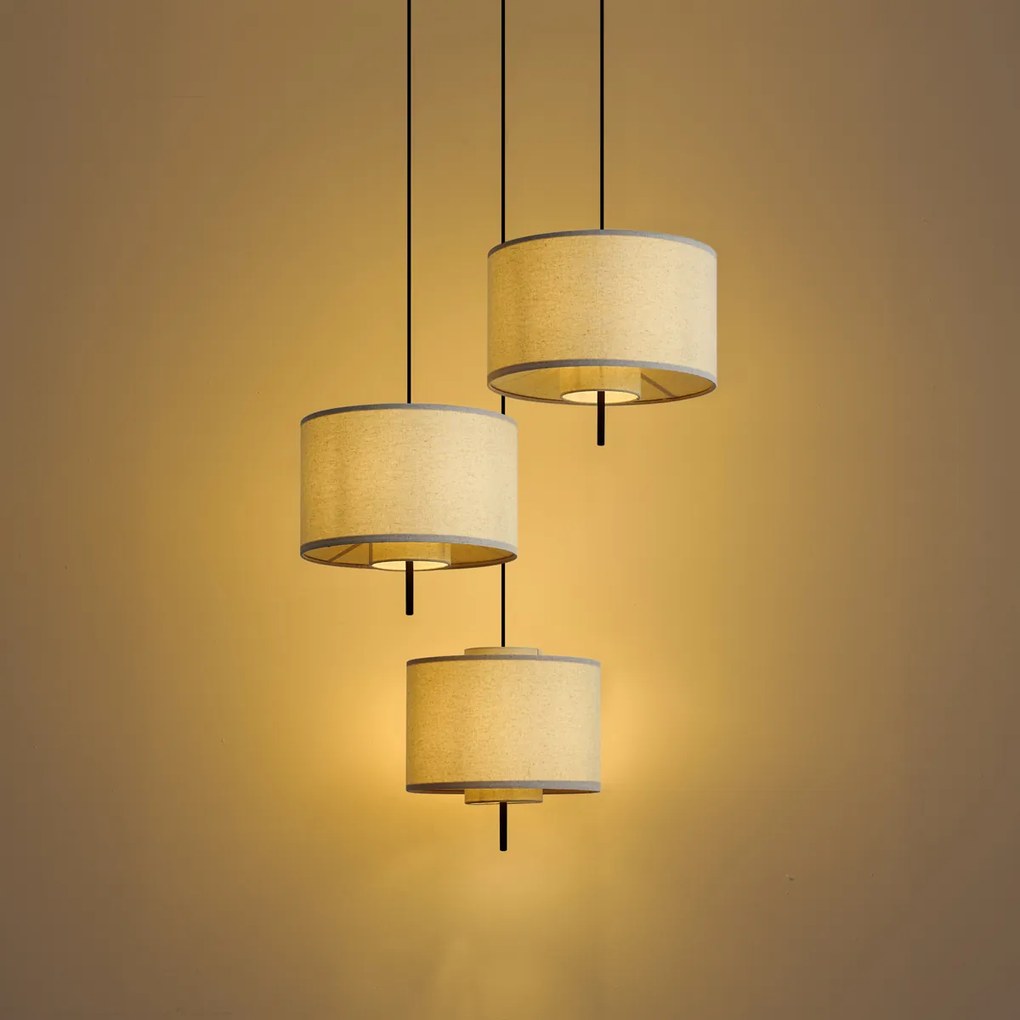 Lampa wisząca Japandi czarna z białym lnianym kloszem 3-punktowa - Rieu