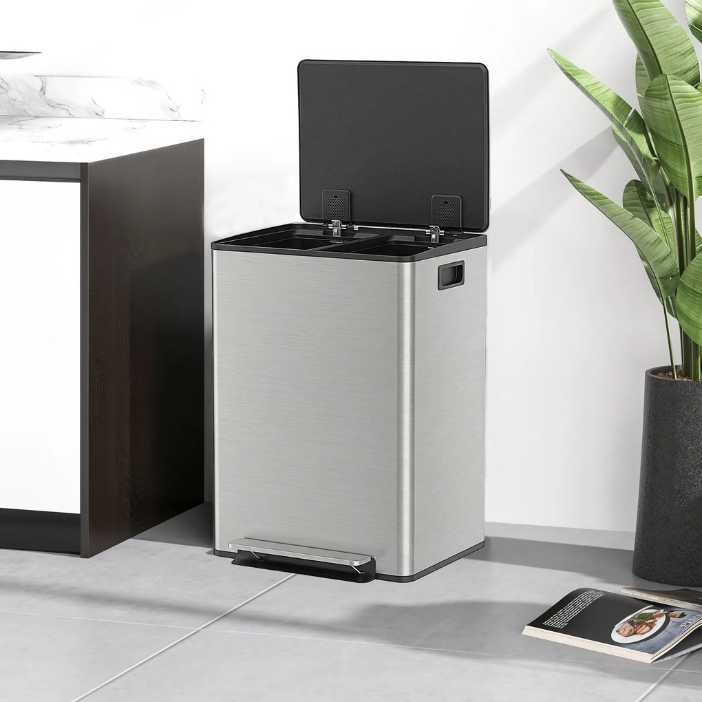 HOMCOM Kosz na śmieci z 2x30 l komorami, pokrywa Soft-Close, odporny na odciski, stal nierdzewna, srebrny | Aosom PL