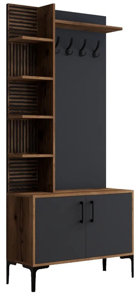 Wieszak z szafką na buty i półkami Viyana Walnut and Anthracite