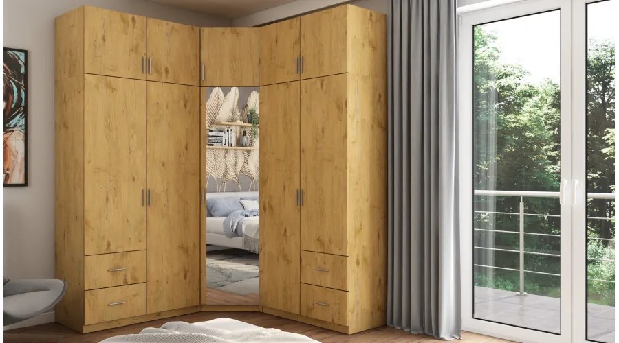 Szafa narożna z lustrem, półkami i szufladami 189 x 240 cm – Dąb Lancelot