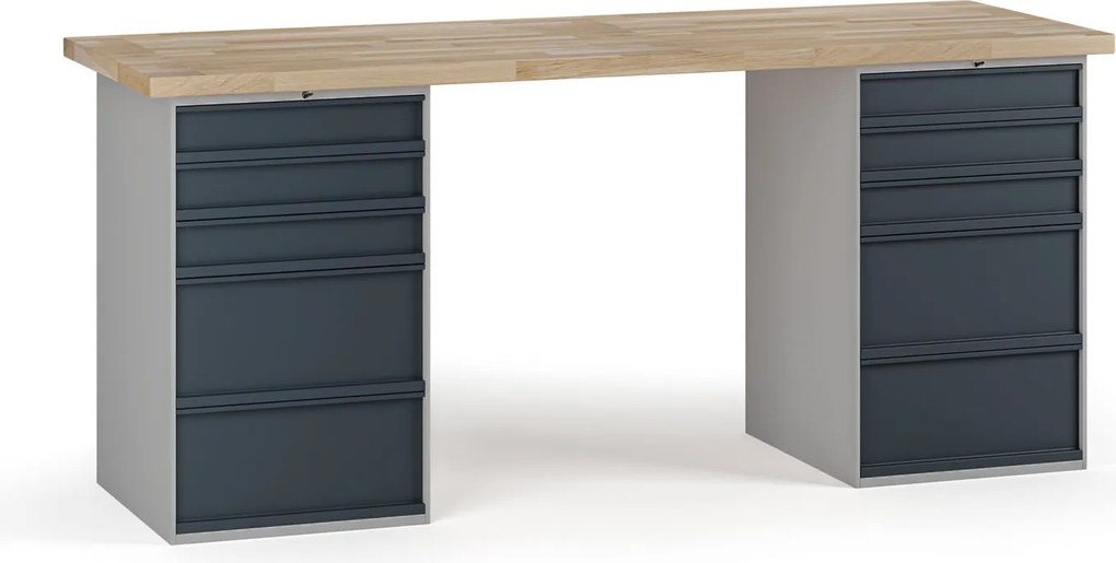 Stół warsztatowy G7, blat bukowy, 2000 x 685 x 840 mm, 2x kontener, 10x szuflada, grafitowy