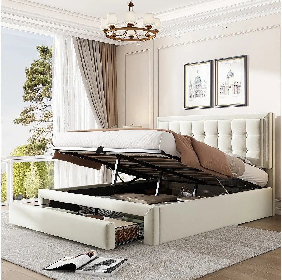 Łóżko z pojemnikiem 140 x 190 cm, 2 szufladami i zagłówkiem - Aksamit - Kolor beżowy