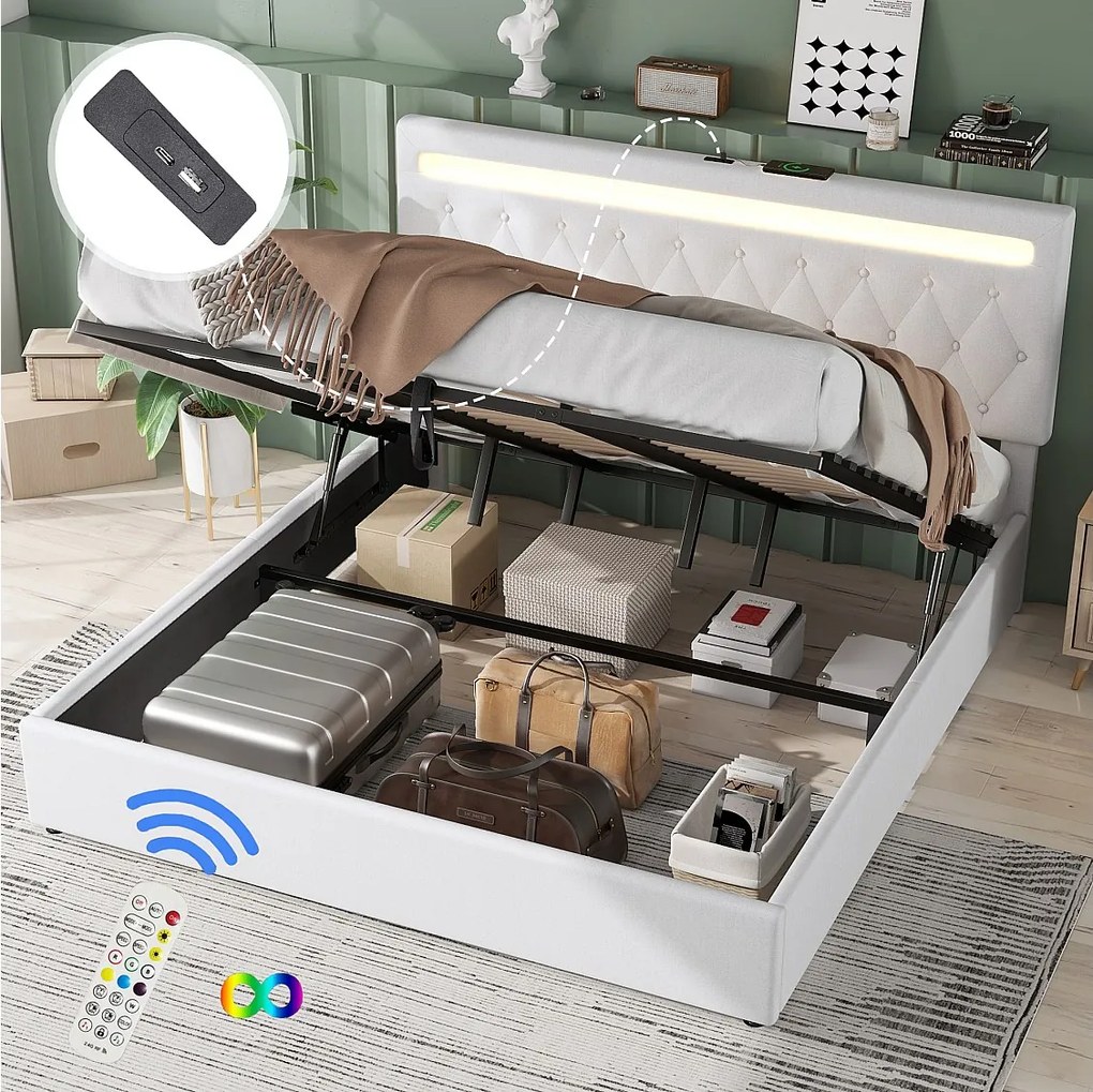 Łóżko ze schowkiem 180x200 cm - Biały len - łóżko dwuosobowe z oświetleniem LED i ładowaniem przez USB - bez podstawy