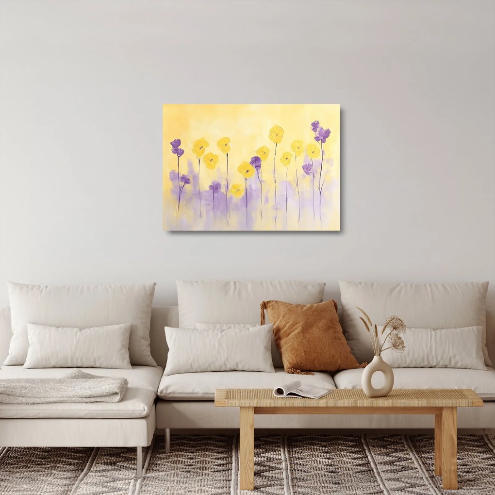 Obraz na szkle - Fioletowe i żółte kwiatuszki (70x50 cm)