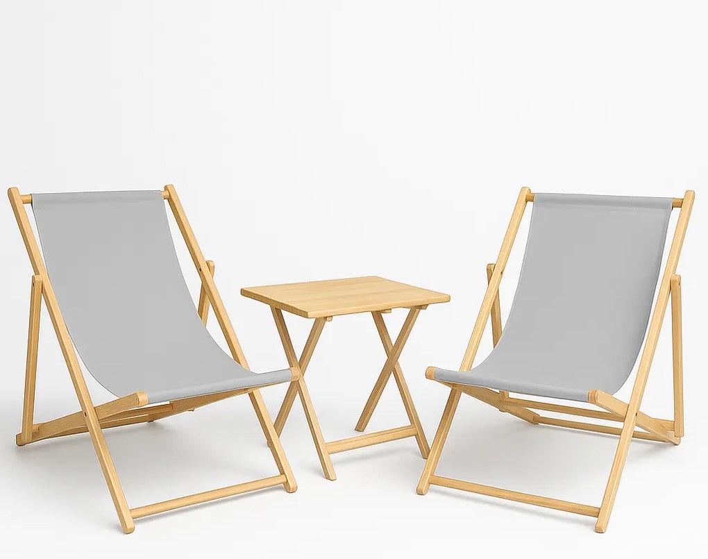 Wakacyjna Strefa Komfortu – 2 Leżaki z Drewnianym Stolikiem składanym Szary