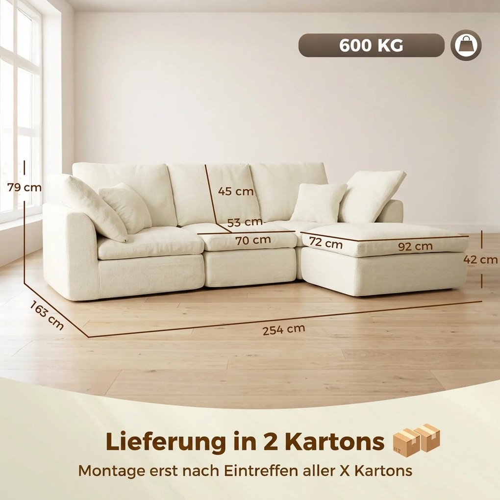 HOMCOM Modułowy narożnik z odwracalną otomaną, chmurowo miękka sofa Chenille w kształcie L, szerokie siedzisko, kremowo-biały | Aosom PL