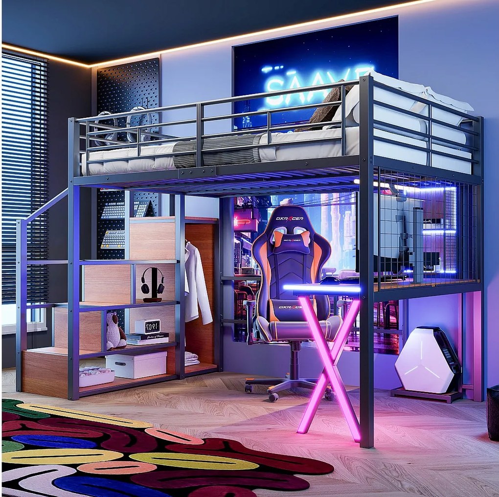 Łóżko antresola 140 x 200 cm z biurkiem, szafą, półkami - Oświetlenie ambientowe - Metal - Czarne (bez materaca)