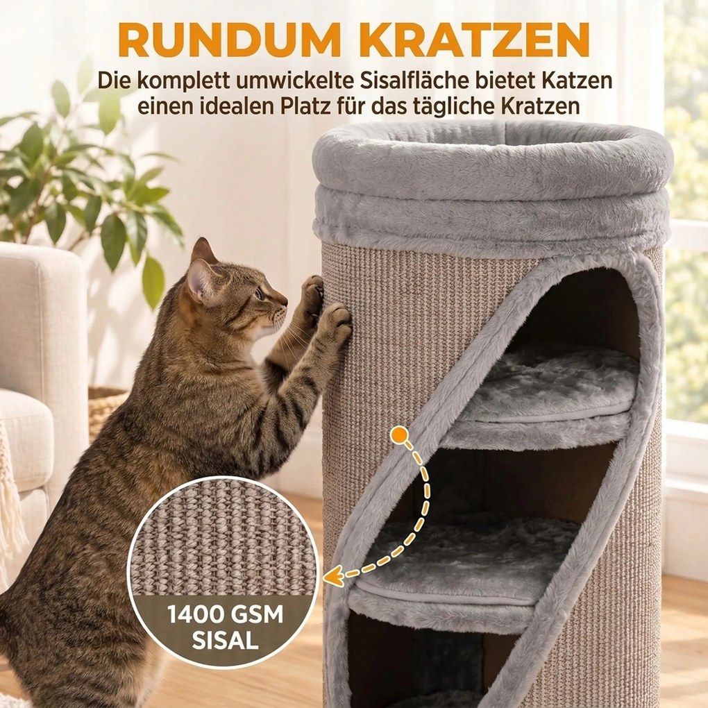 PawHut Beczka-drapak 75 cm wys. Ø35 cm, 4-poziomowa beczka z 3 kryjówkami, zdejmowalnym pranym pluszowym łóżkiem, powierzchnia sisal do drapania | Aosom PL