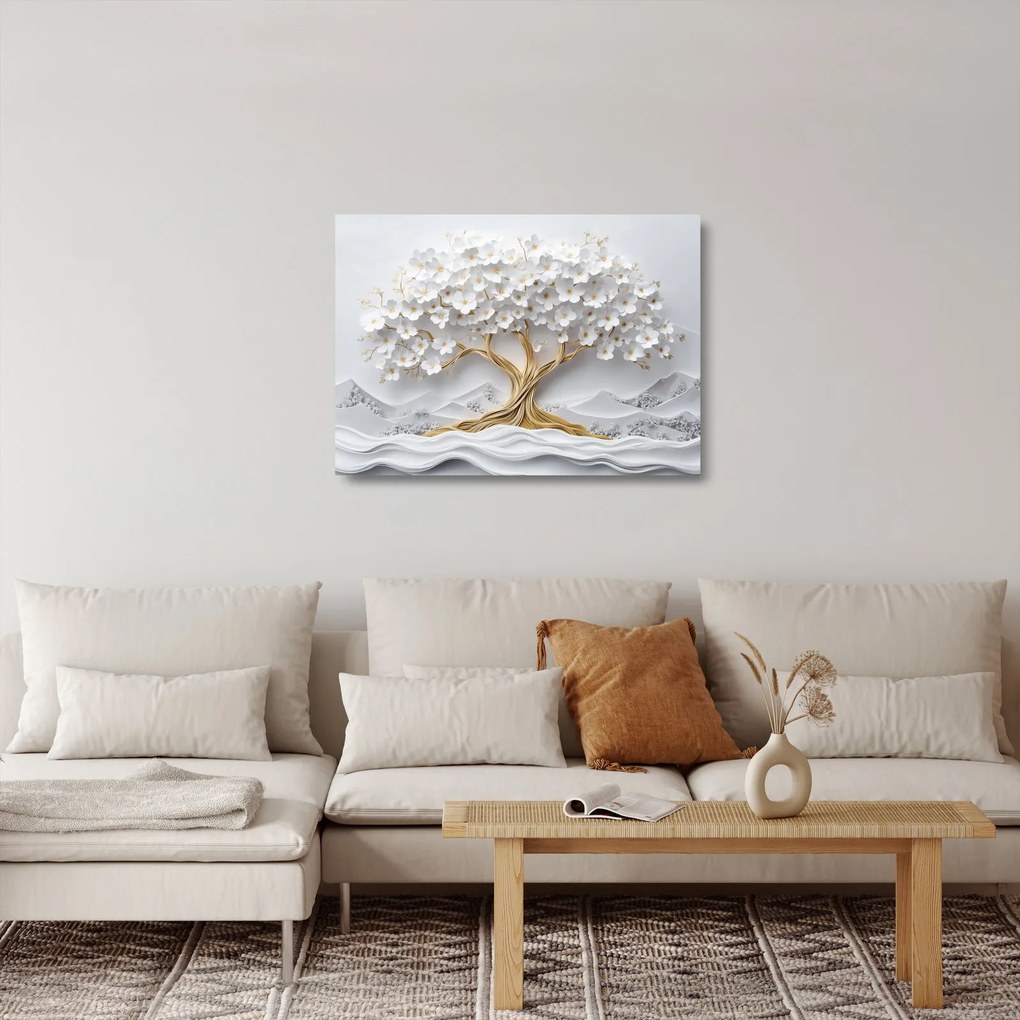 Obraz na szkle – Eleganckie drzewo życia 3D pełne kwiatów (70x50 cm)