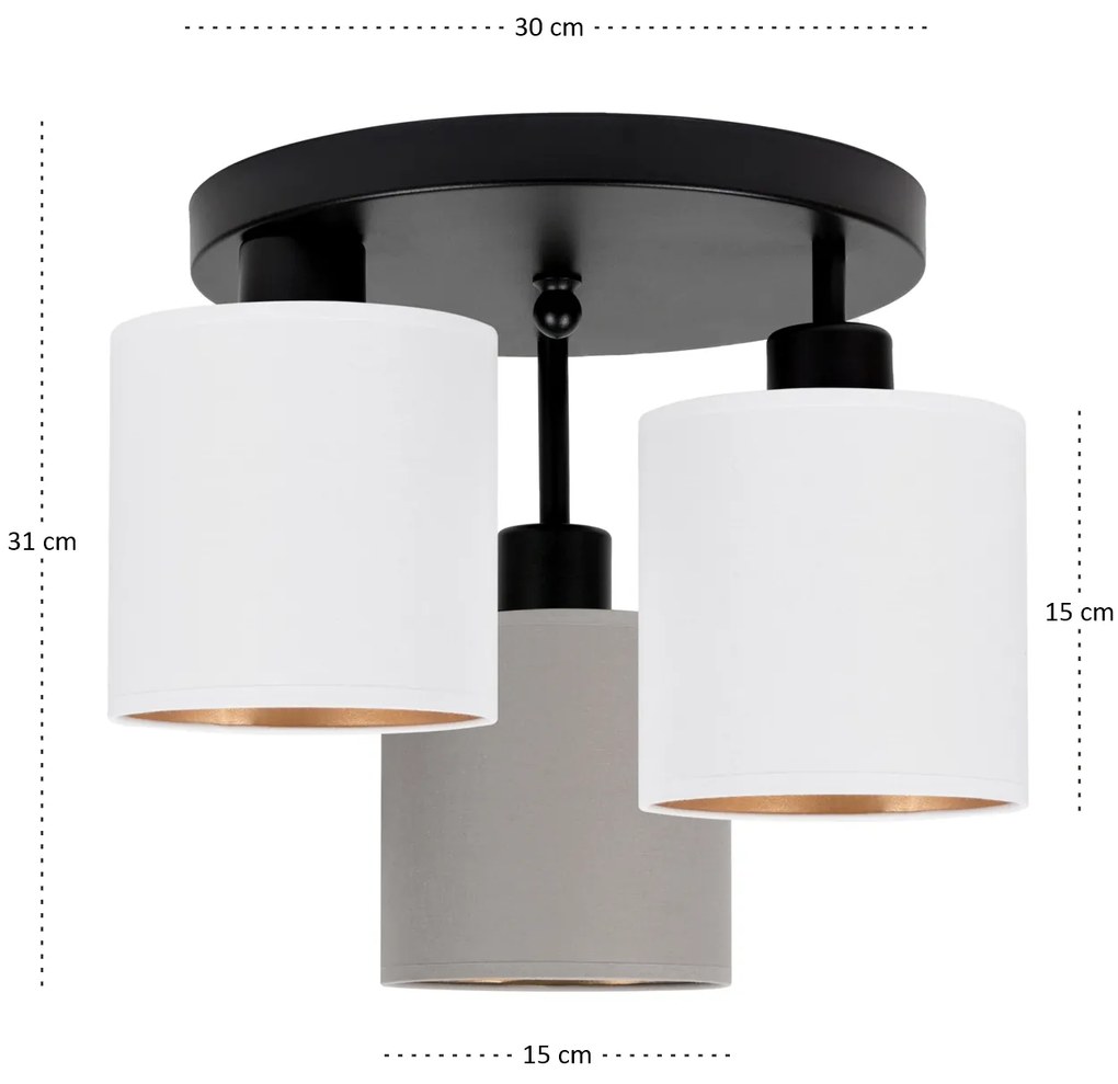 Lampa sufitowa czarna trzypunktowa z szaro-białymi abażurami C-3030SC-