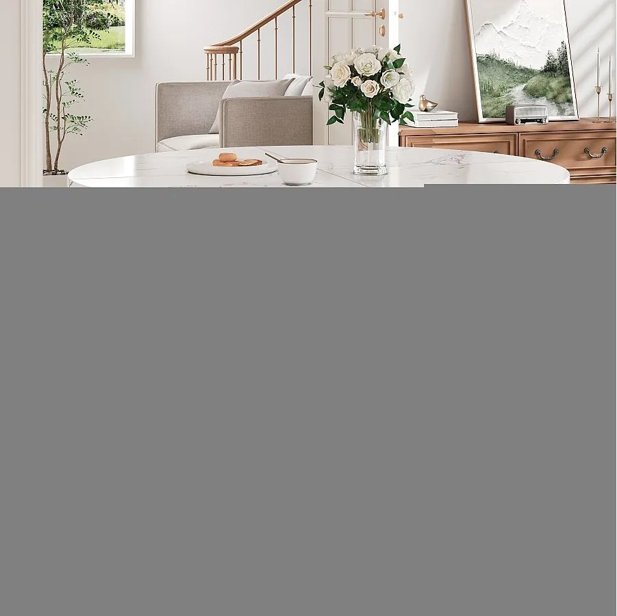 Okrągły stół jadalny 100 cm, blat z płyty MDF z efektem marmuru PCV, czarne metalowe nogi - do jadalni i salonu