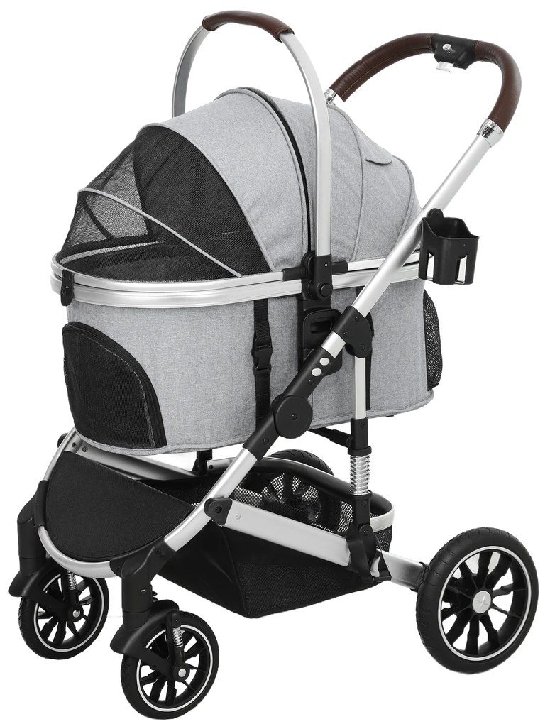 PawHut Wózek dla zwierząt 3 w 1 Składany buggy dla kotów do 10 kg z poduszką i uchwytem na kubek - Jasnoszary