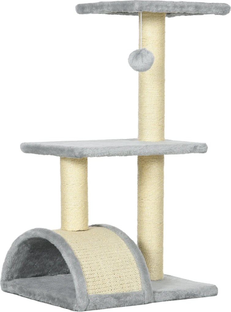 PawHut Drapak dla Kota 72 cm z Kulkami Pluszowymi, Słupkami z Sizalu, Platformą, Deską Jasnoszary