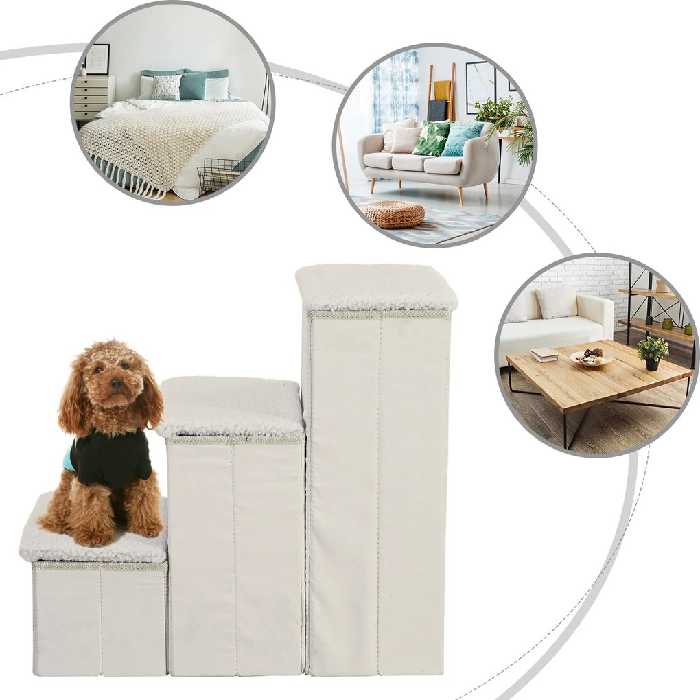 PawHut Schody dla Zwierząt Schodki Składane z Schowkiem MDF Biały 40x54x48 cm | Aosom PL