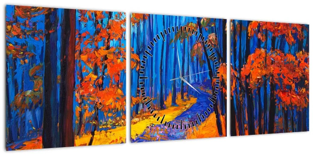 Obraz jesiennego lasu (z zegarem) (90x30 cm)
