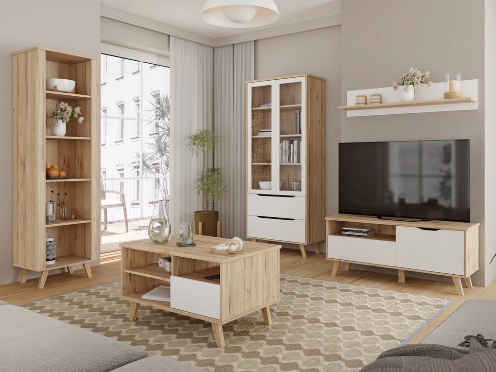 Szafka RTV w stylu skandynawskim Vankka 121R, kolor dąb/biały