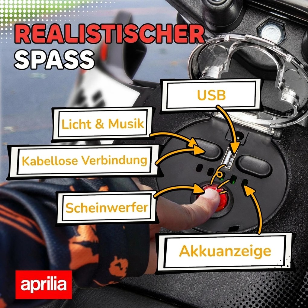 AIYAPLAY Elektryczny motocykl dziecięcy 12 V z 2 silnikami, kółka podporowe, amortyzator, koła 33,5 cm, muzyka, USB | Aosom PL