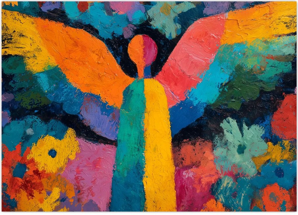 Obraz - Abstrakcyjny anioł z kwiatami (70x50 cm)