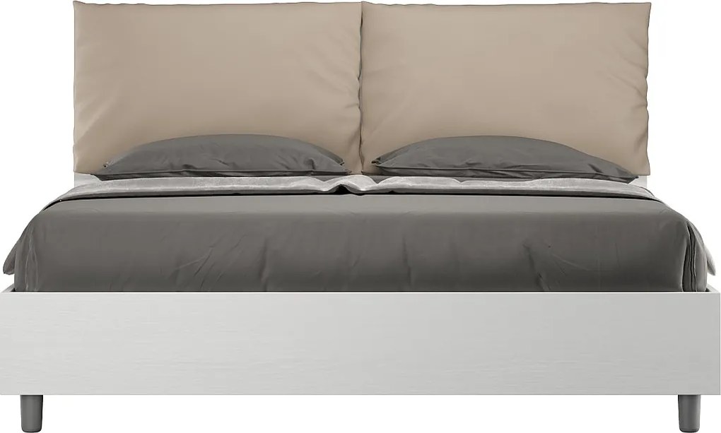 Łóżko podwójne z pojemnikiem podnoszone 160x190 cm białe drewno jesionowe poduszki skóra ekologiczna Egos Antea