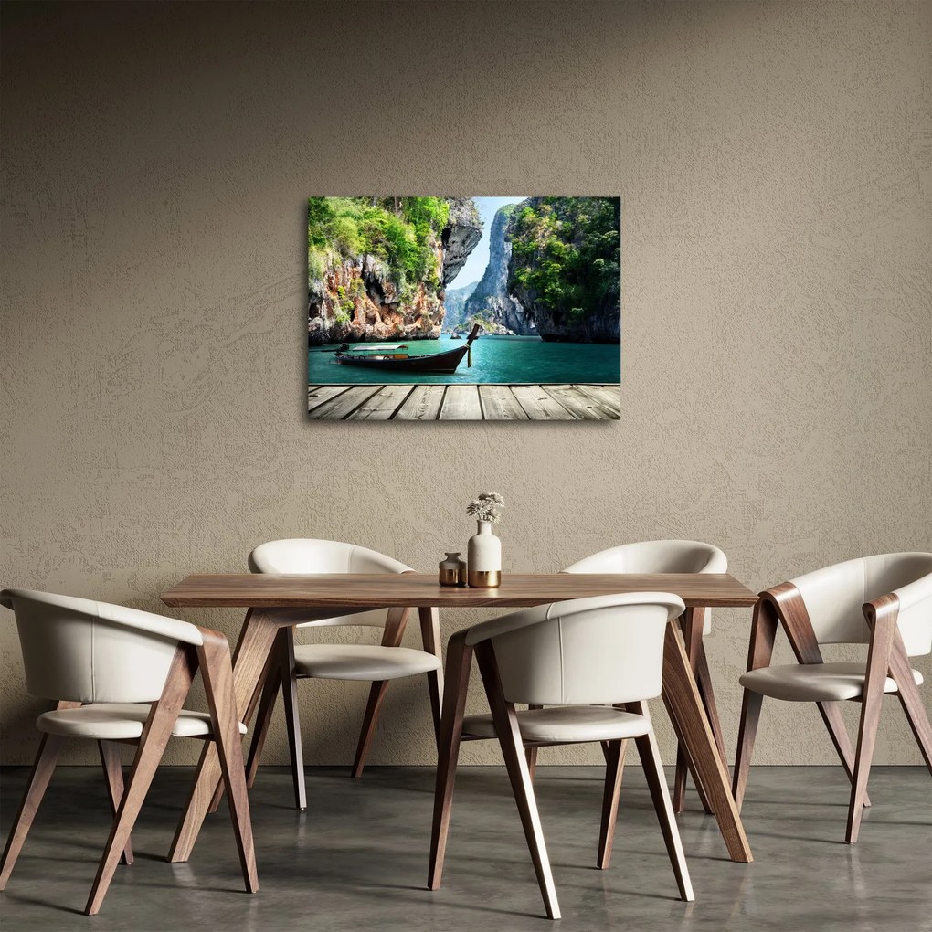 Obraz długiej łodzi na plaży (70x50 cm)