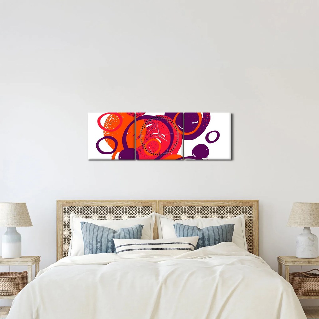 Obraz - Motyw z kółkami w ciepłych kolorach (z zegarem) (90x30 cm)