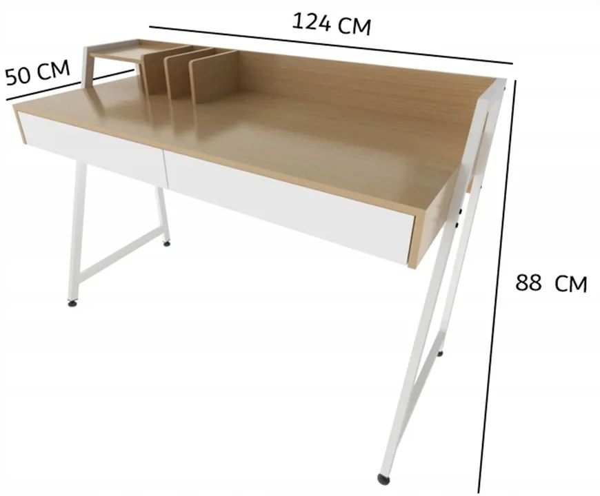 Nowoczesne biurko w stylu loft, 124 cm, z szufladami – jasny dąb
